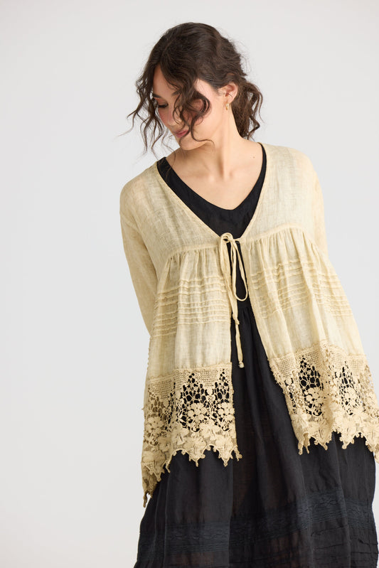 Miss Frangipani Linen and Lace jacket. Tea Stain