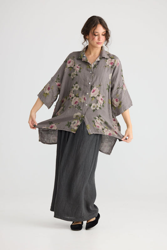 Teddie Floral linen shirt. Charcoal Rose