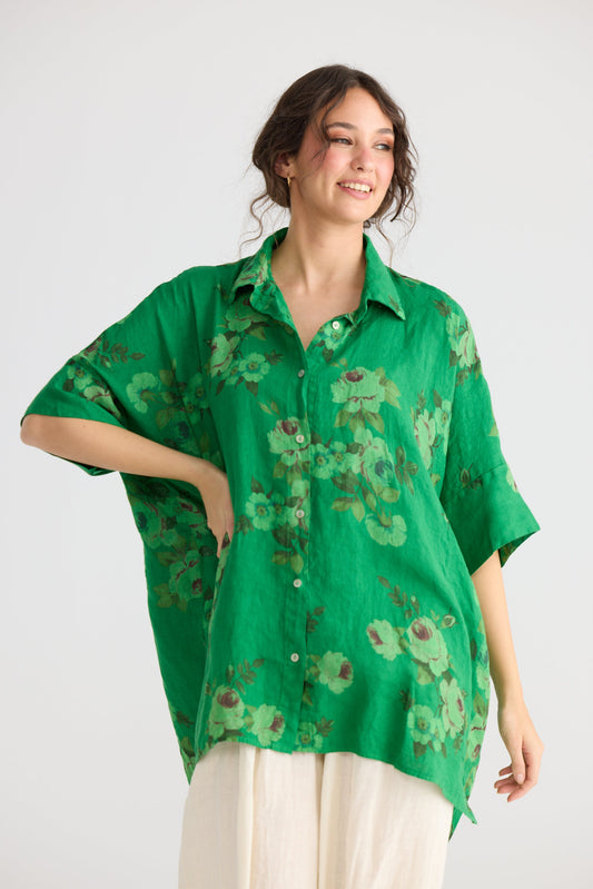 Teddie Floral Linen shirt. Jade Green