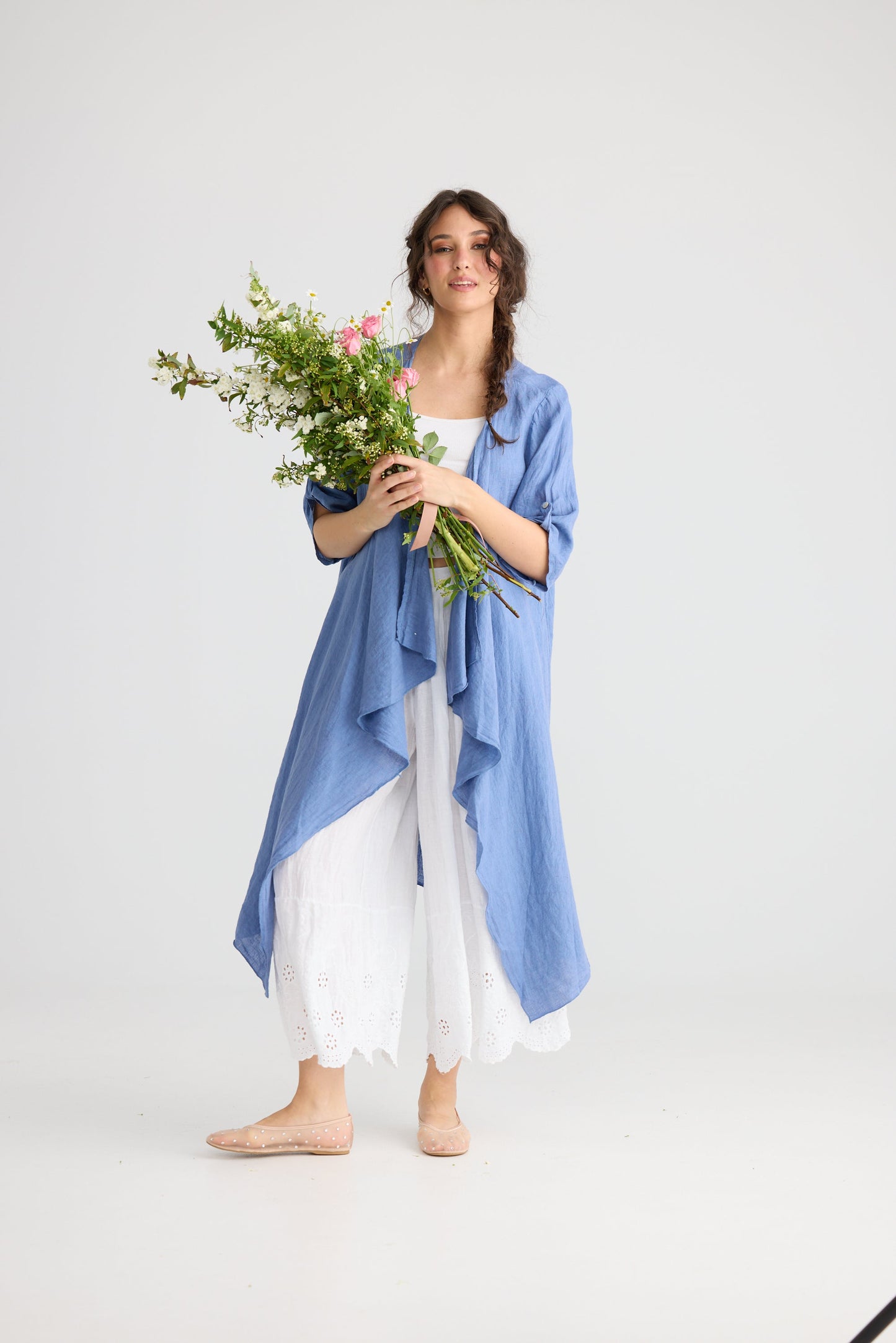 Sabine long linen duster coat. Denim Blue