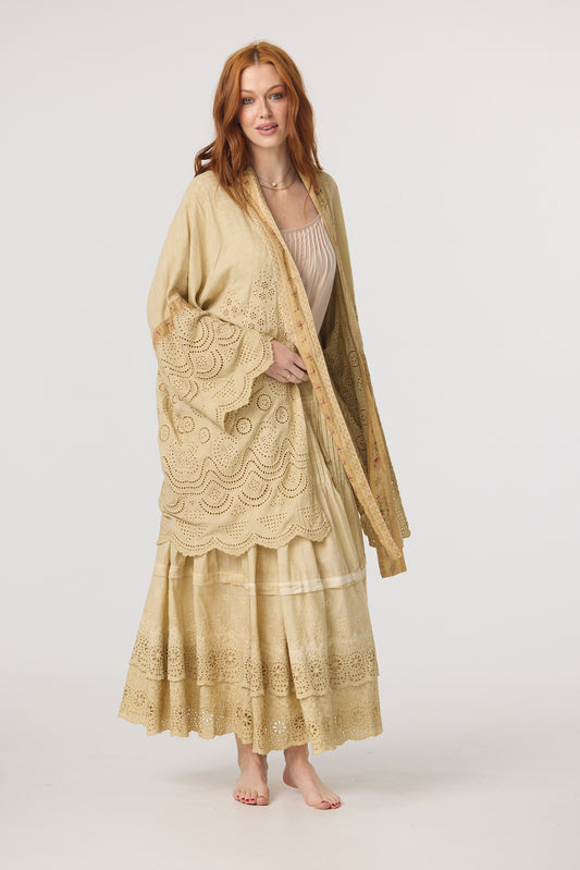Columbine Linen + Cotton lace Kimono. Colour Stone with floral Petite de Fleurs fabric edging.