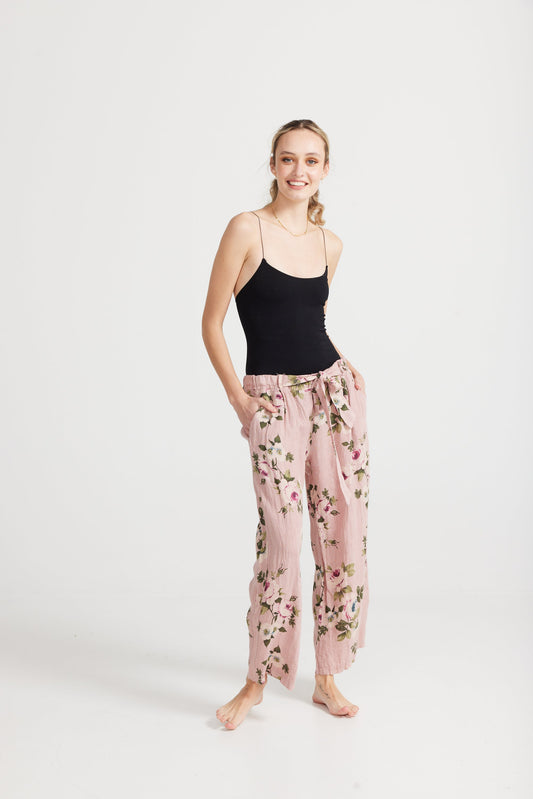 Eva Floral Linen Pants, Antique Rose