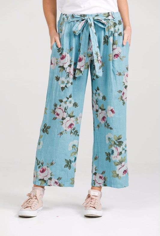 Eva linen floral Pants . Tahitian Blue Rose