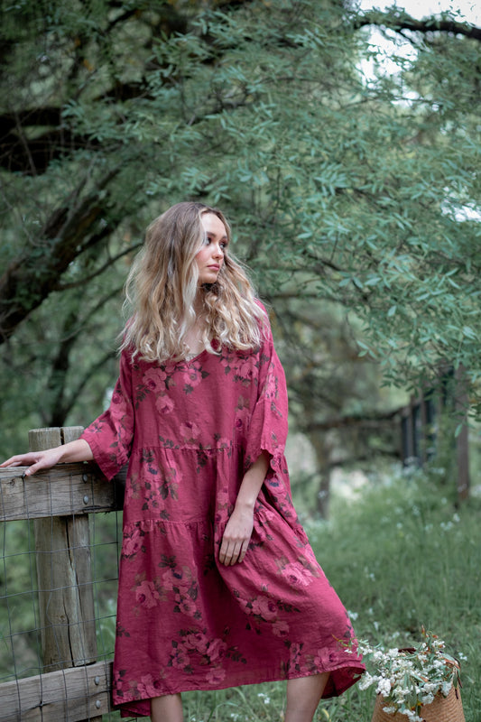 Stella floral linen dress. Bordeaux Rose
