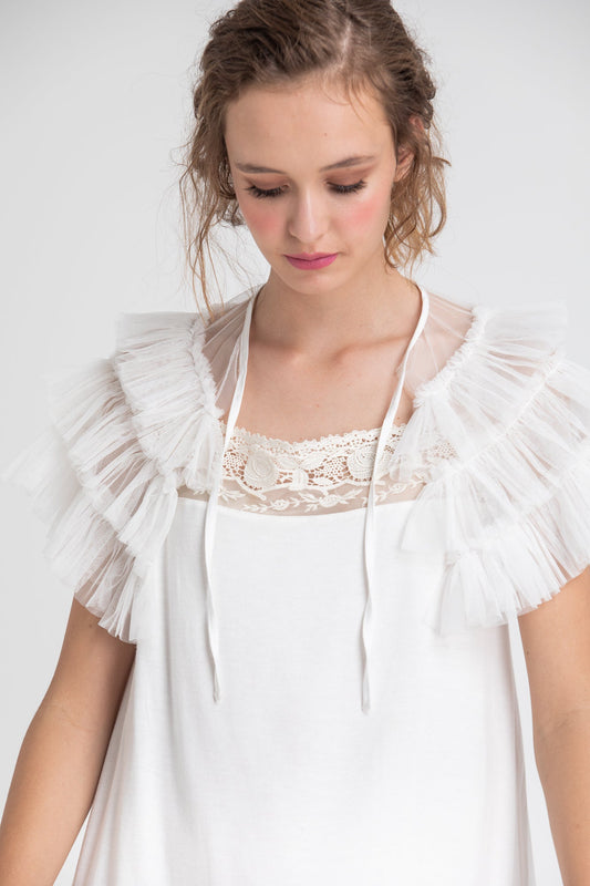 Tulle faerie cape ruffled collar. icing sugar white