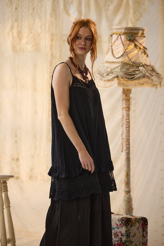 Minette cotton and lace short slip dress. Black.
