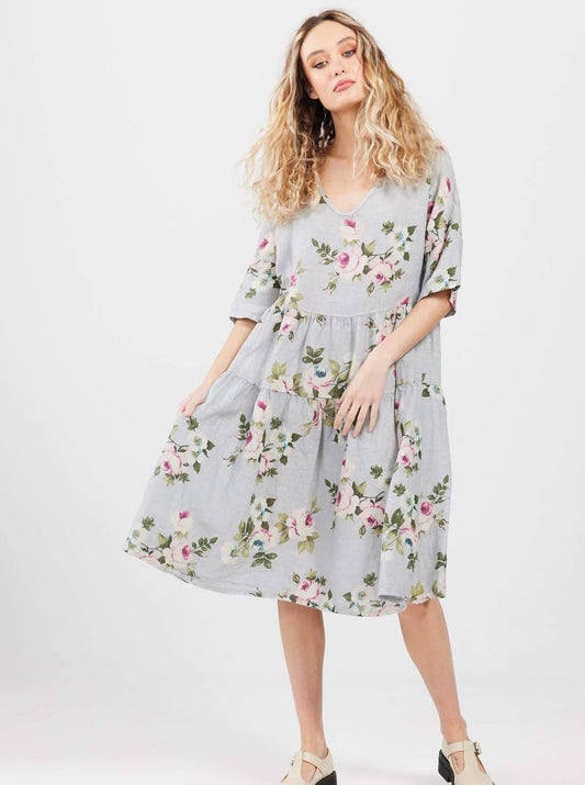 Stella floral linen dress. Dove Grey