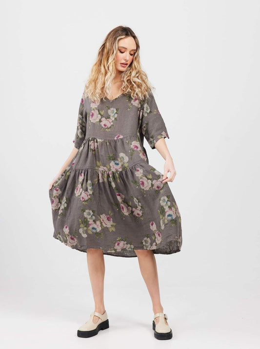 Stella floral linen dress. Charcoal