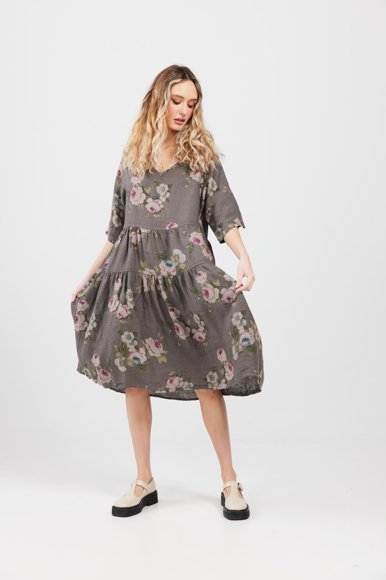 Stella floral linen dress. Charcoal