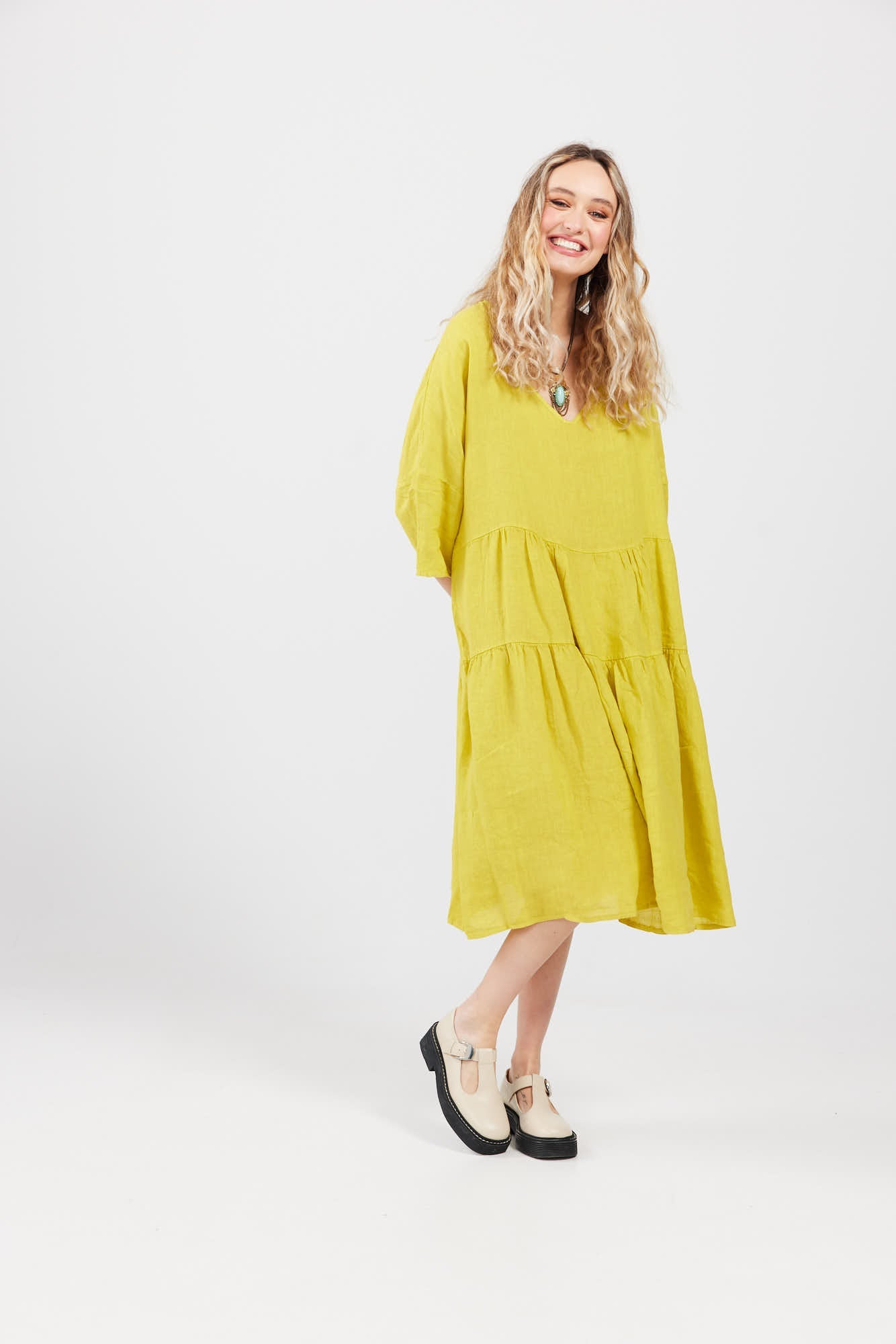 Stella linen dress. Chartreuse