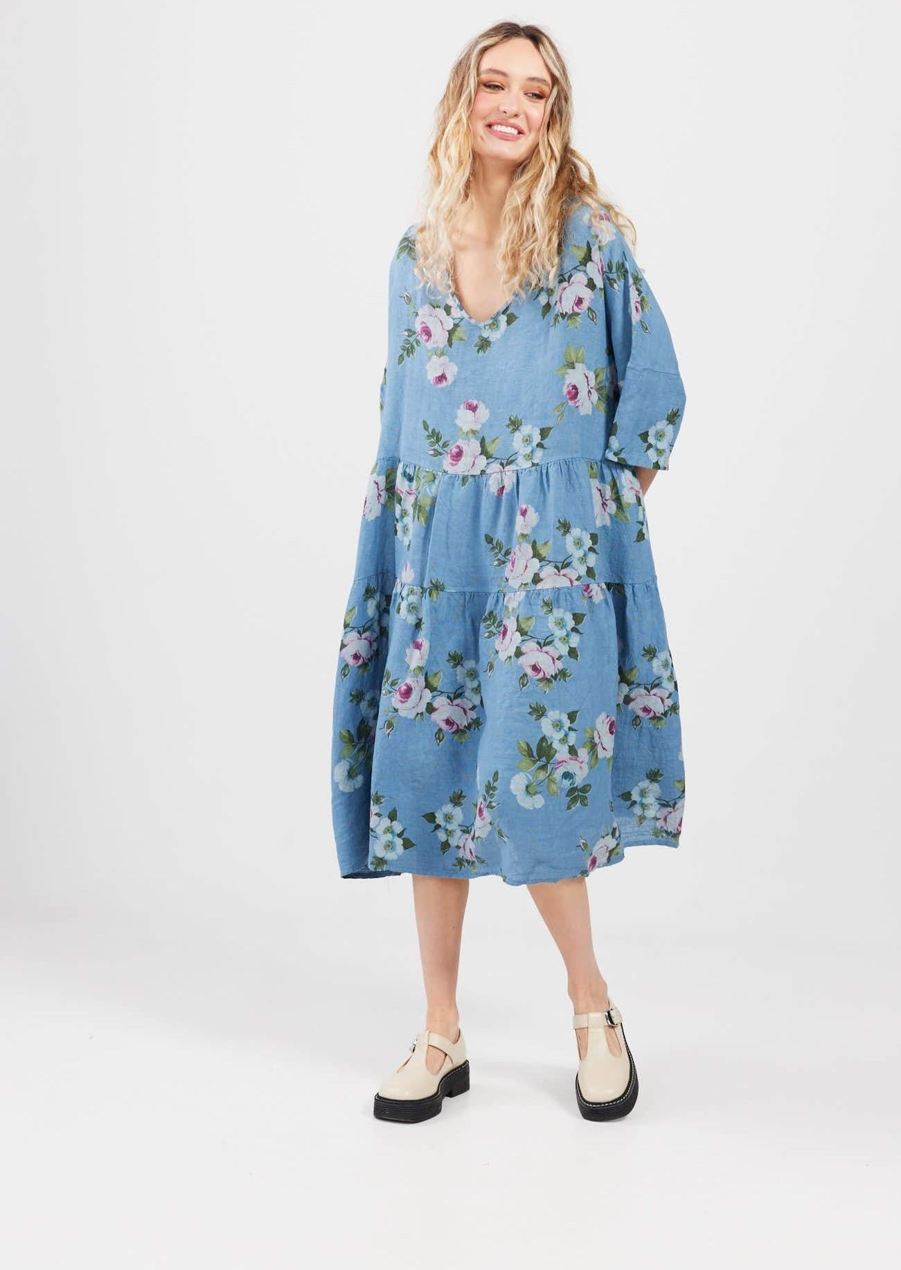 Stella floral linen dress. Denim Blue Rose