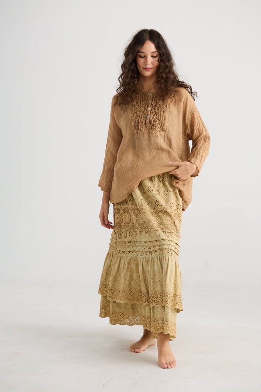 Florian Linen Gauze and ruffled top. Burnt Sugar