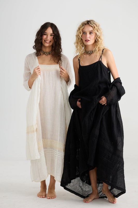 Enchantress long linen gauze coat. Licorice