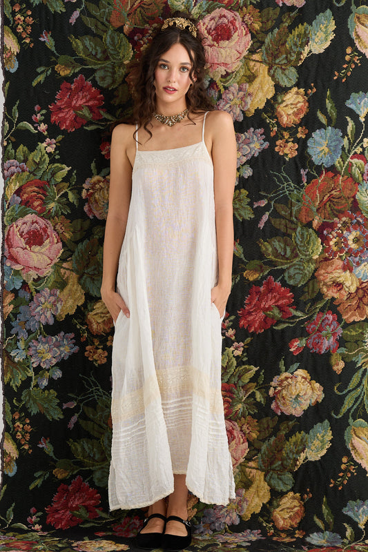 Isadore Long linen gauze cami dress. Cream Puff