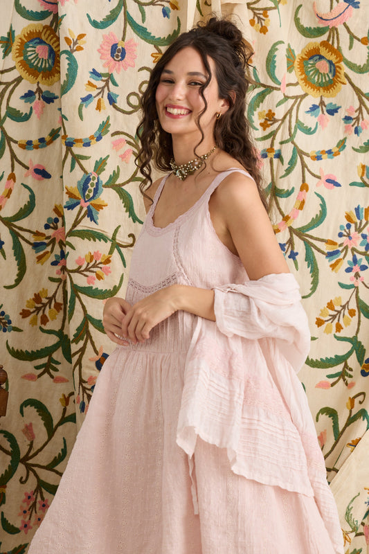 Elodie Linen Gauze and lace short jacket. Powder Pink