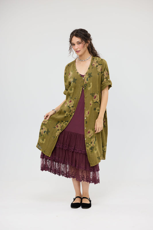 Abigail Linen floral dress. Olive Green