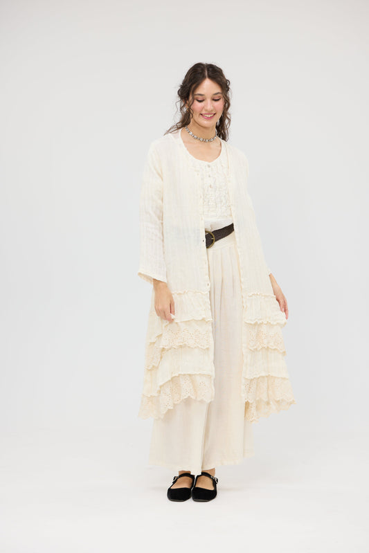 Florette Linen and Lace long Coat . Coconut