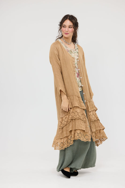 Florette Linen and lace coat. Tobacco