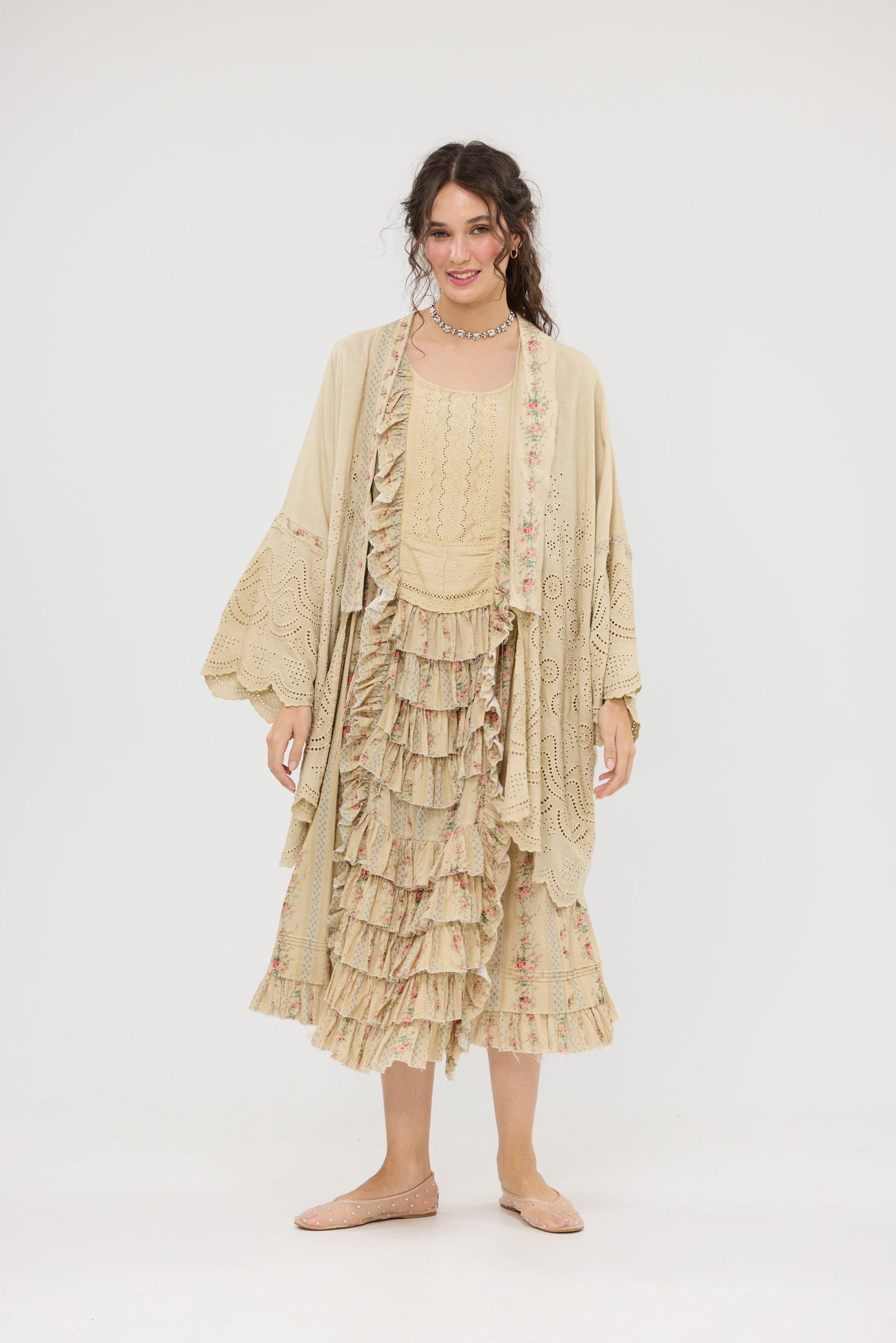 Columbine Linen + Cotton lace Kimono. Colour Stone with floral Petite de Fleurs fabric edging.