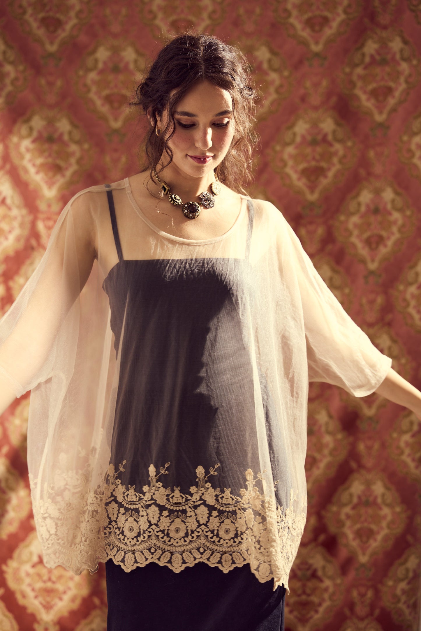 Chantilly sheer net and lace Romantic top. Champagne.