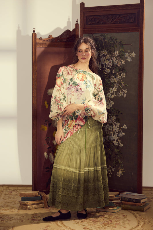 Florist. Linen and Cotton Botanical bouquet top in a fluid Romantic vintage inspired style.