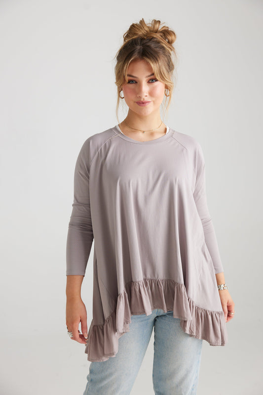 Ruby Ruffle Top. Dove Grey