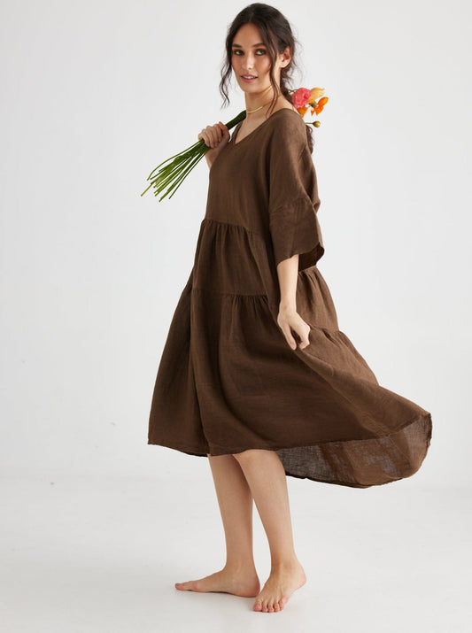 Stella linen dress. Dark Chocolate