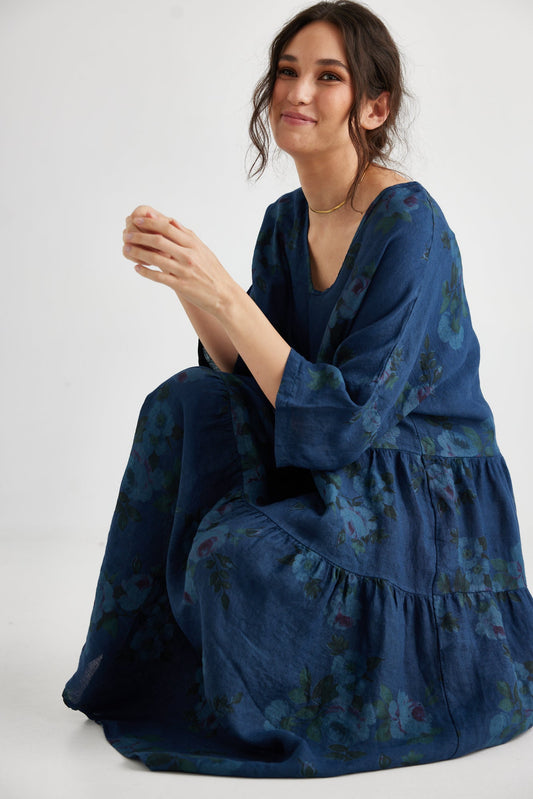 Stella floral linen dress. Midnight Blue Rose