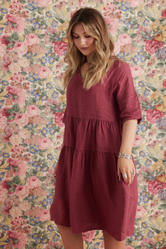 Stella linen dress. Cranberry