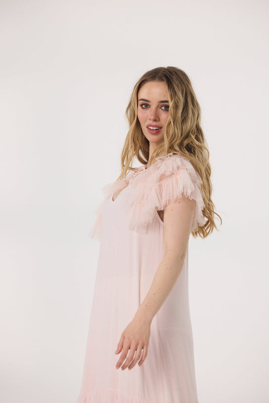 Tulle faerie cape ruffled collar. pale blush
