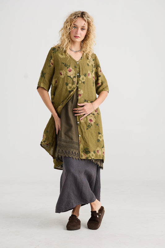Abigail Linen Floral dress . Avocado green