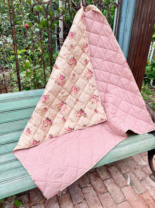 Garden Party quilted Throw . Petite Fleur print with vintage pink check reversible back