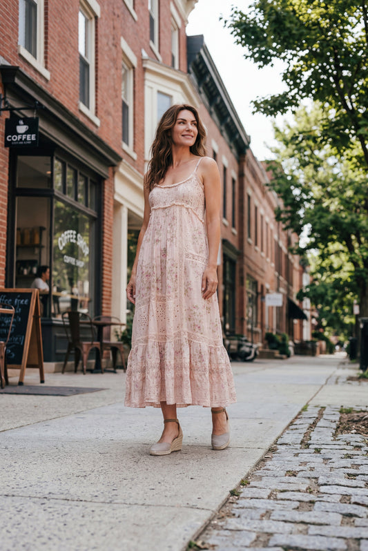 Madrigal Embroidered Floral & Lace maxi dress. Faded rose print.
