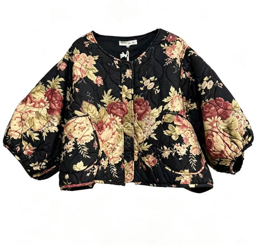 Mitsuko Padded cropped floral quilted jacket. Midnight Rose floral