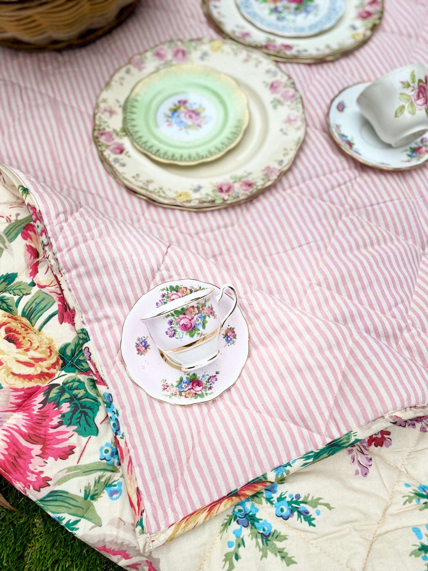 Garden Party Quilted Throw . Florist Botanical print / striped reversable backing