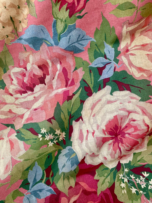 Poetry of Flowers Fabric Collection. Garden Party Rose Bouquet . Coral Background
