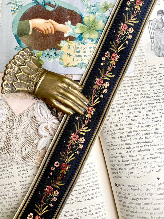 Vintage French Ribbon trim. Black floral - 10 metre length