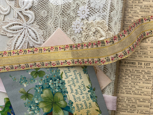 Vintage French ribbon trim. Gold Floral - 10 metre length