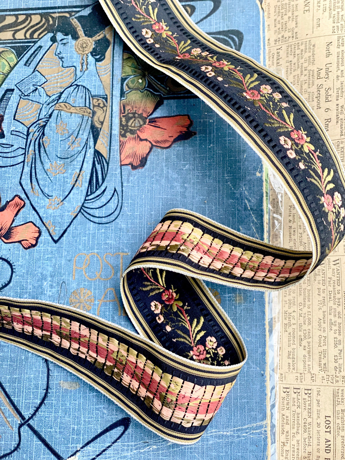 Vintage French Ribbon trim. Black floral - 10 metre length
