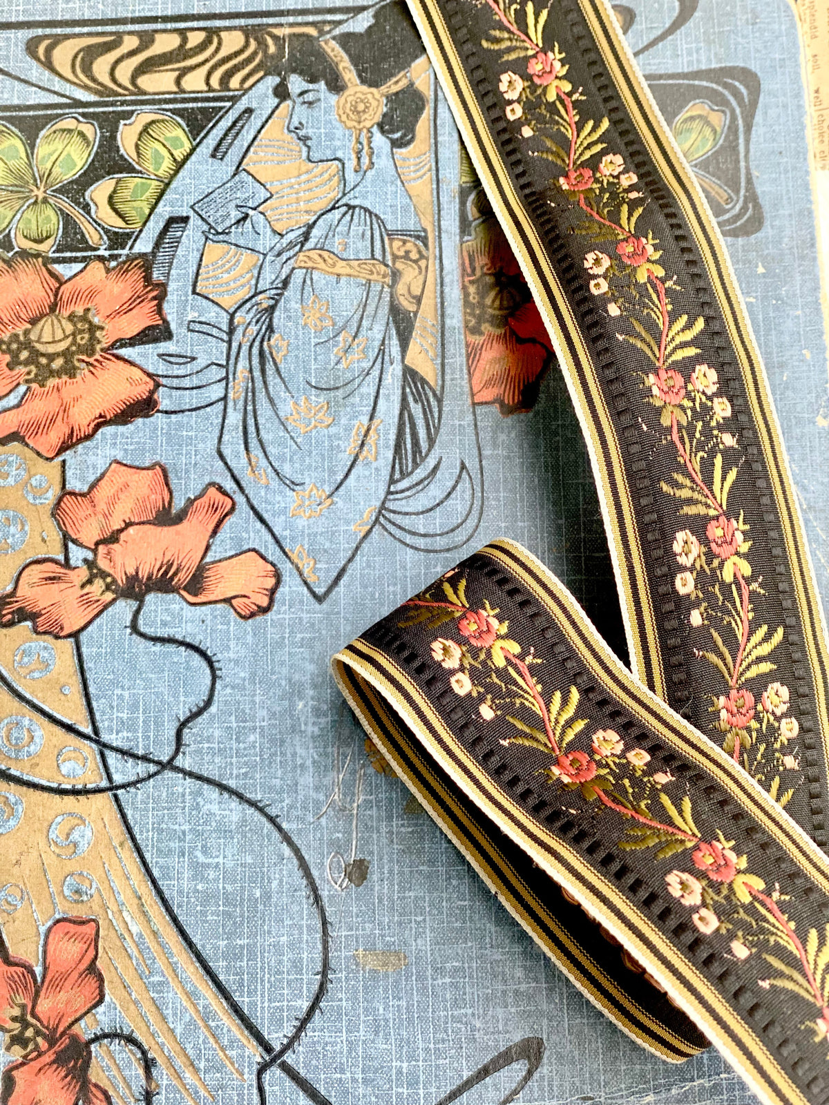 Vintage French Ribbon trim. Black floral - 10 metre length