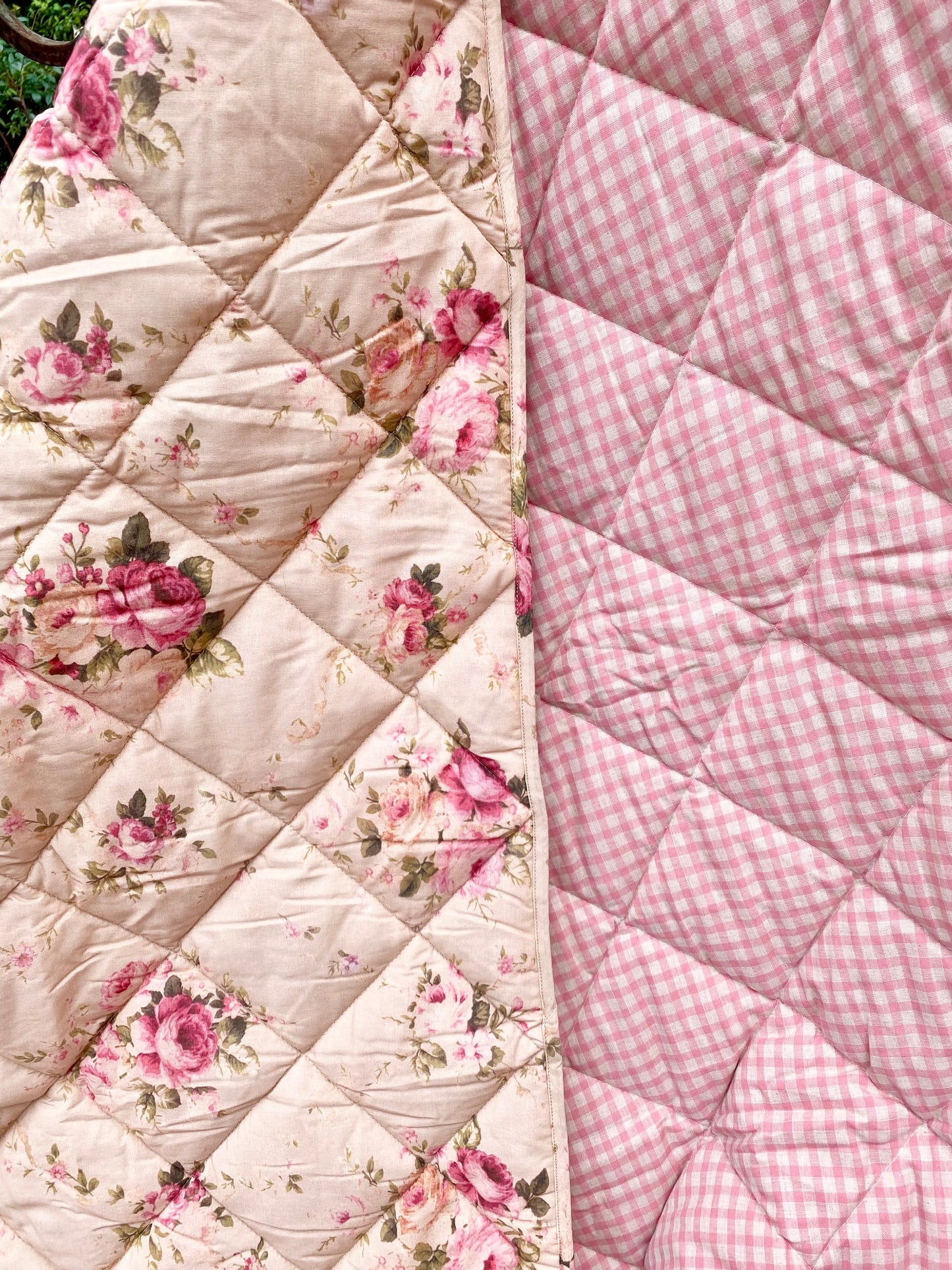 Garden Party quilted Throw . Petite Fleur print with vintage pink check reversible back