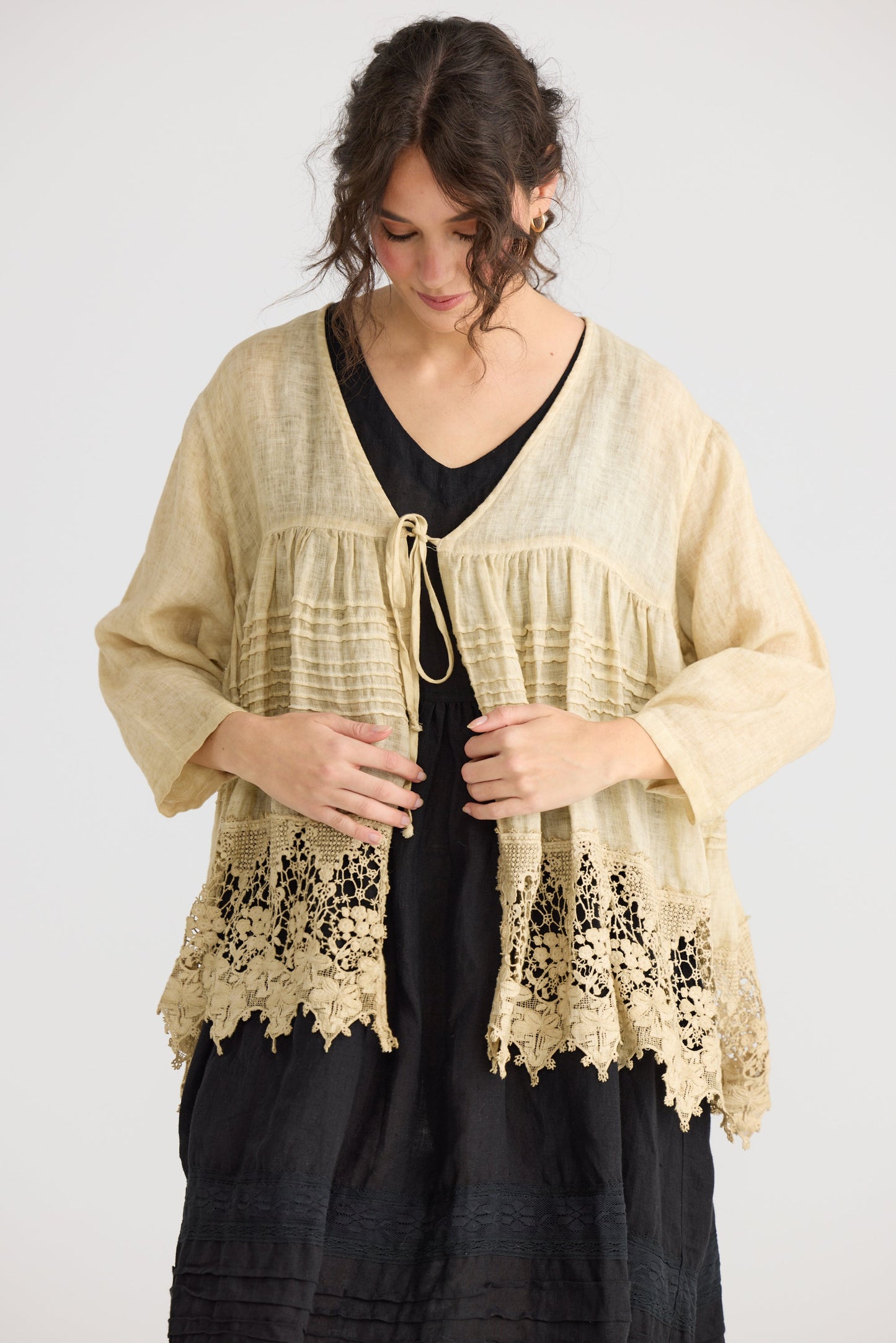 Miss Frangipani Linen and Lace jacket. Tea Stain