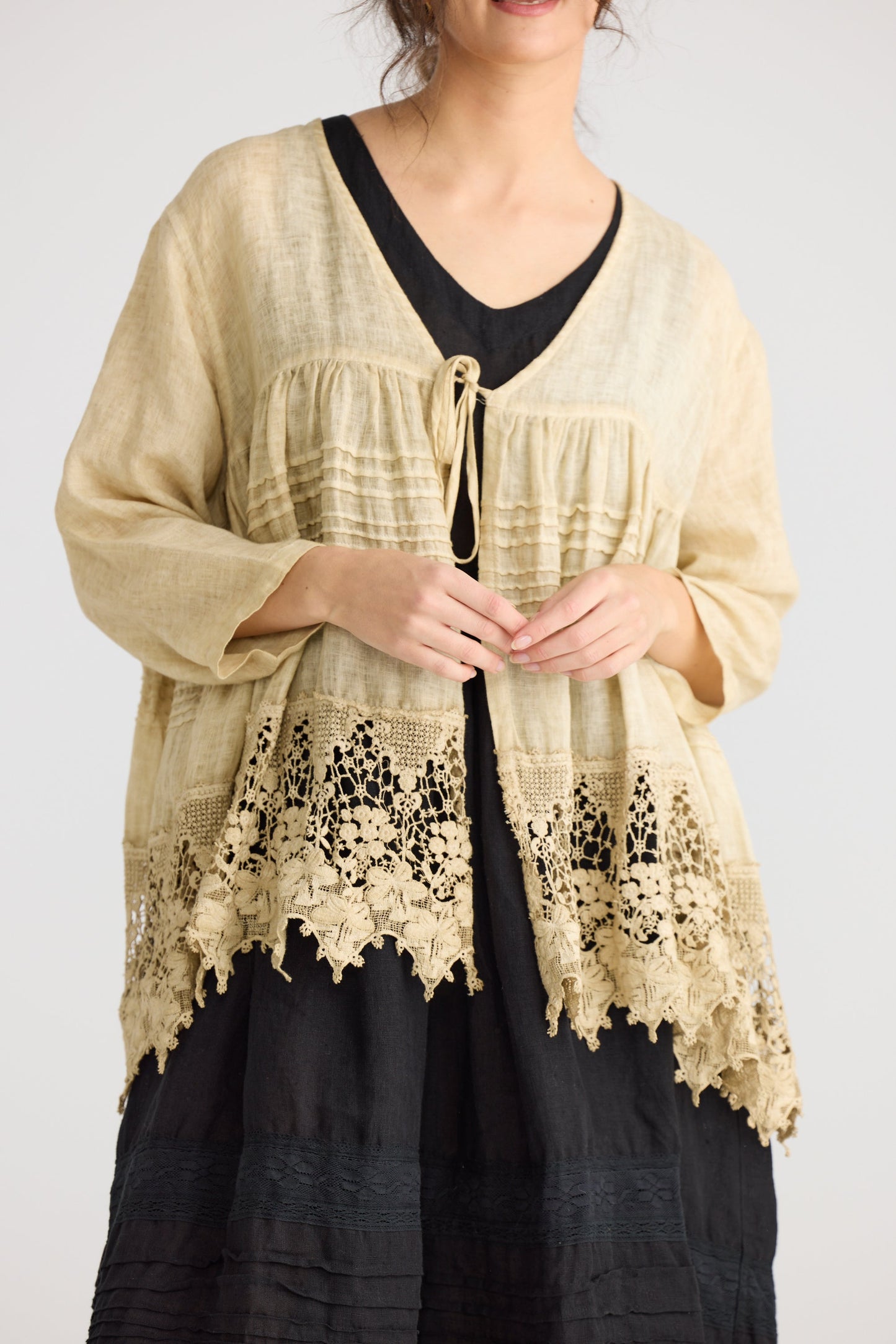 Miss Frangipani Linen and Lace jacket. Tea Stain