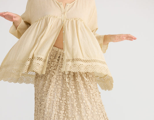 Constance cotton top with lace edging. Teastain