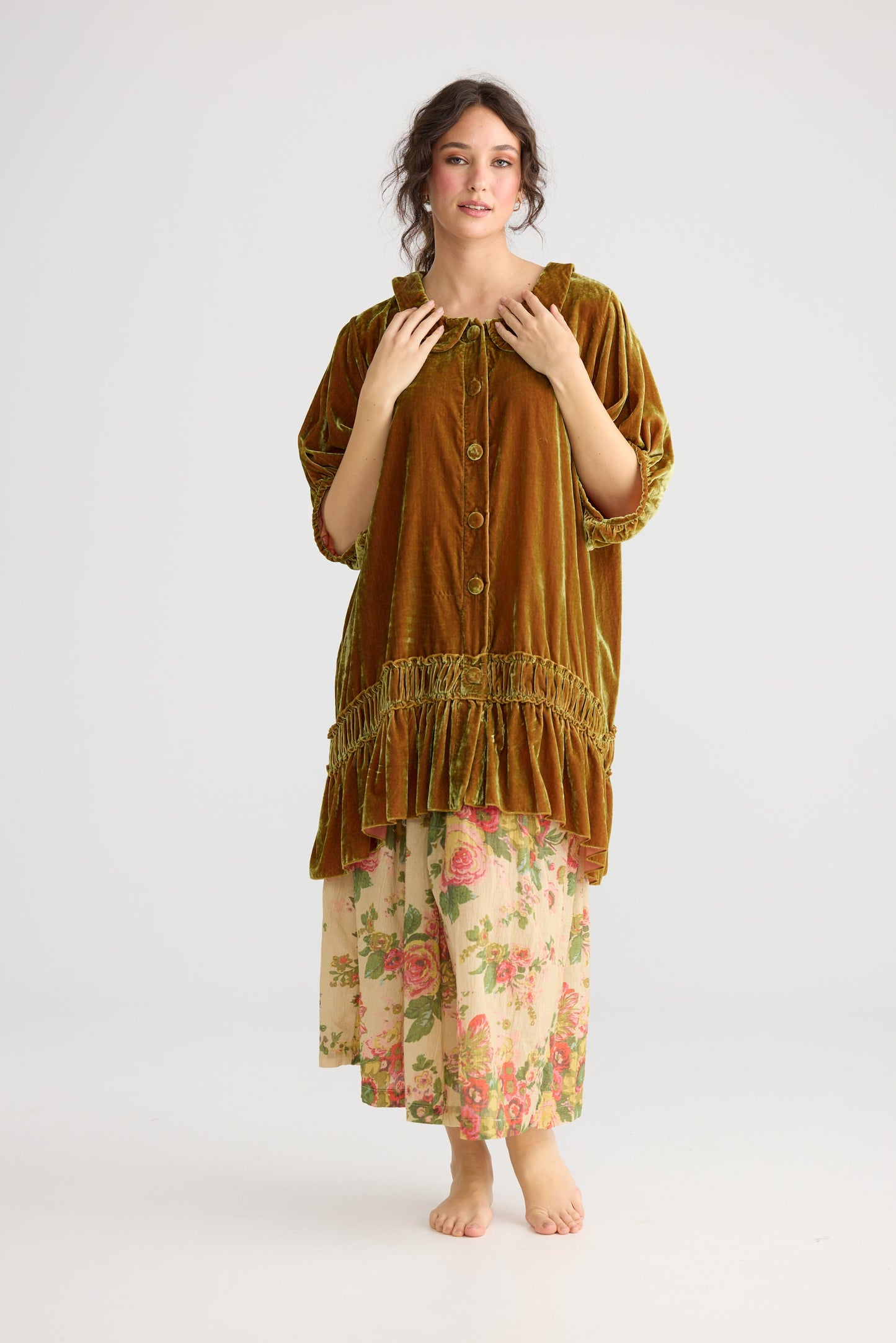 Florentine Velvet Coatdress. Russet Gold.