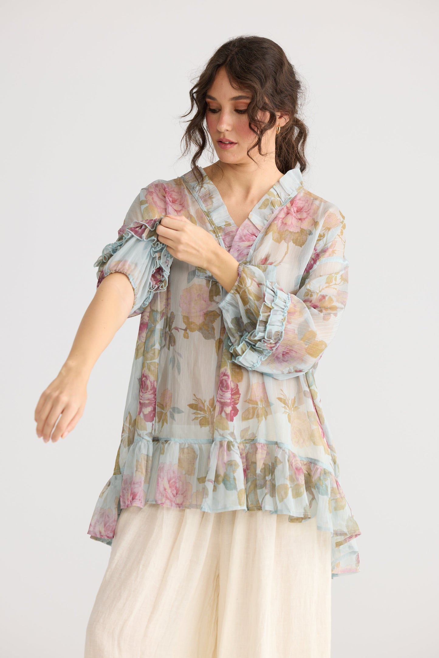 Juliette chiffon floral top. Blue Rose
