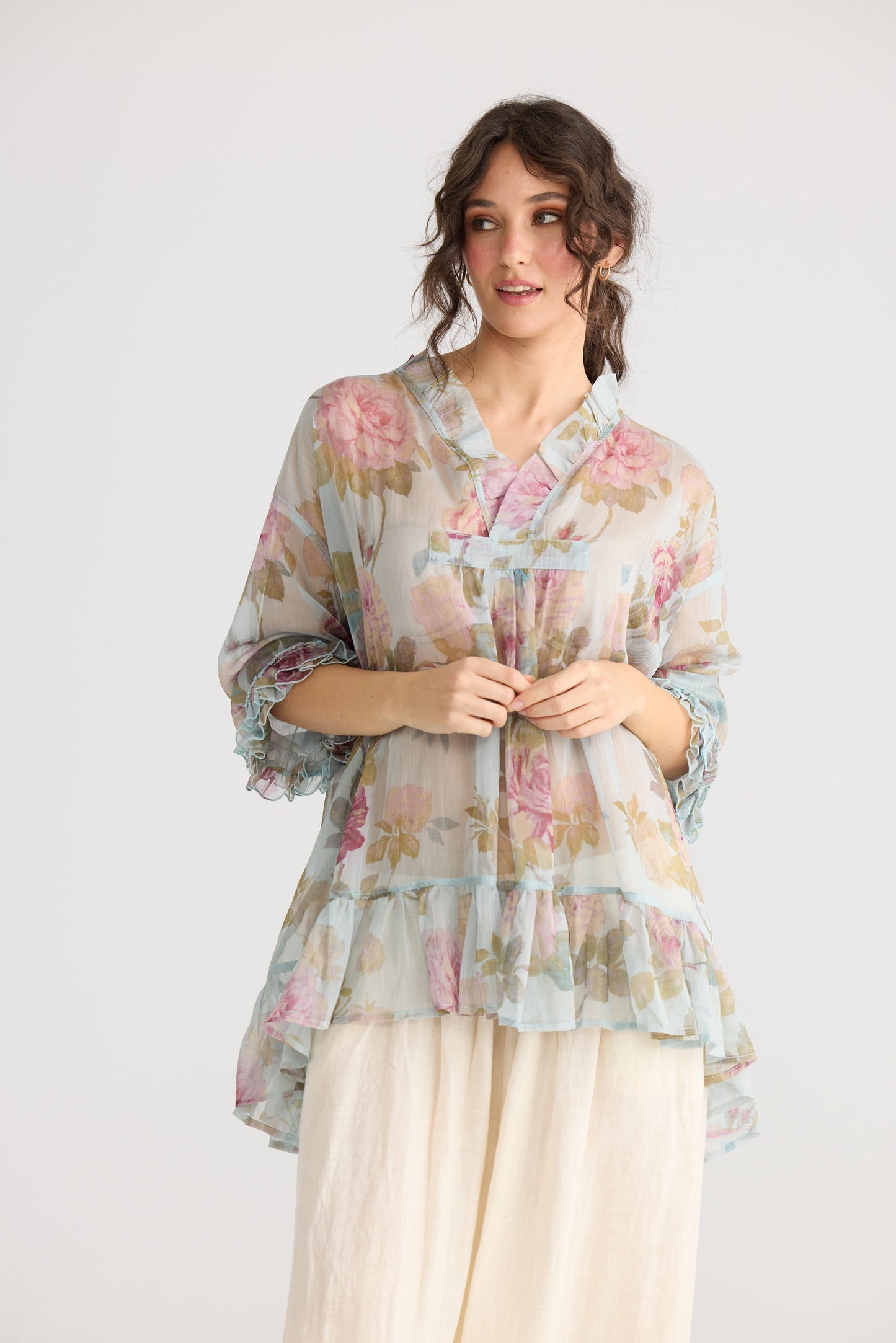 Juliette chiffon floral top. Blue Rose