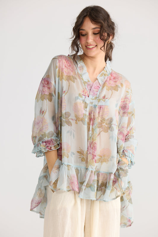Juliette chiffon floral top. Blue Rose