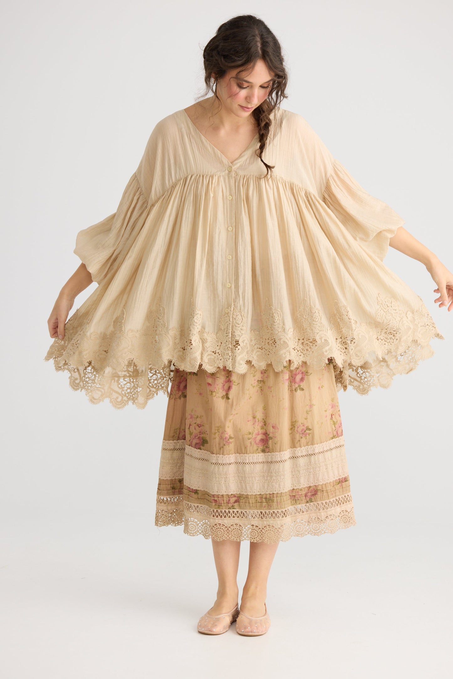 Perenelle Lace edged top . Custard Cream