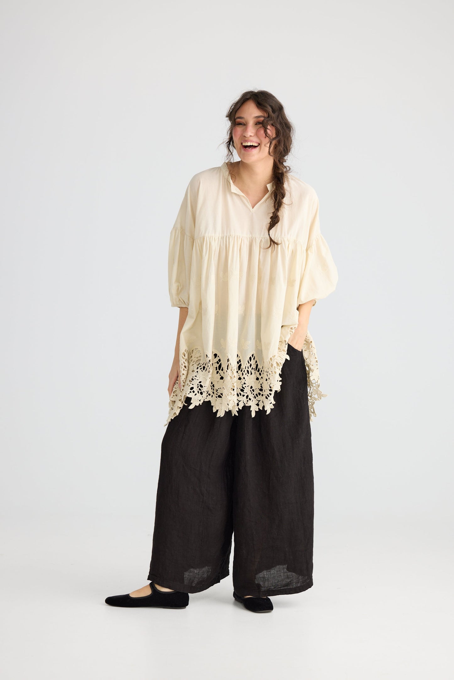 French lace smock. Stone